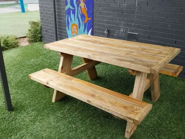 Timber picnic table handmade and donated by Pines Community Men's Shed to a local Frankston kindergarten